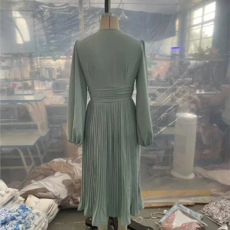 Luxury Dinner Evening Long Dress 2025 Spring Women Club Party Dress Pleated Elegant Dress Female Solid V Neck Clothing
