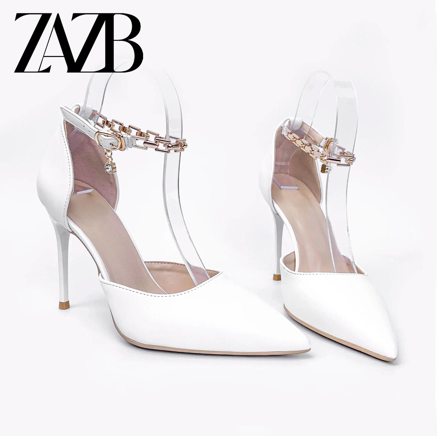 luxury dress wedding bridal pointed end ladies high heel shoes women sandal office stiletto fashion Metal Chain heels designer