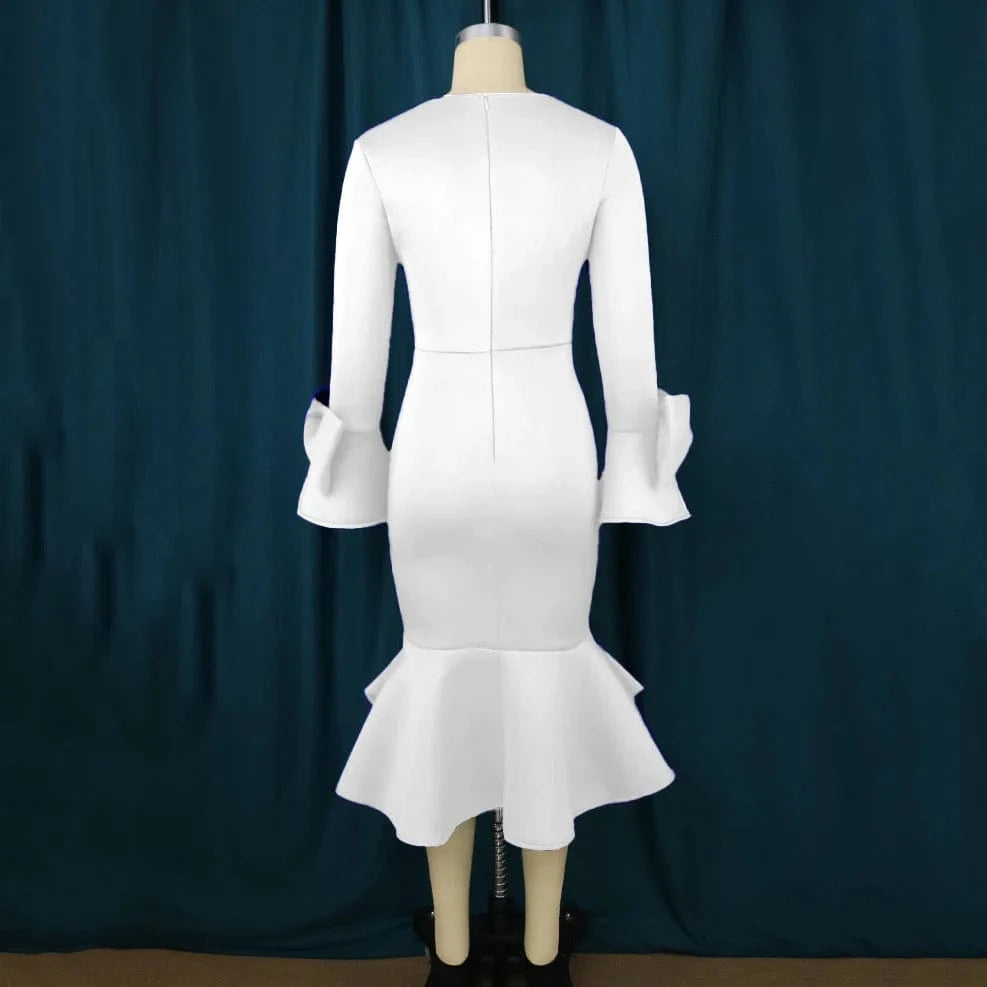 Luxury Dresses for Women V Neck Flare Sleeve Sheath White Blue High Quality Female Birthday Party Dinner Wear Mermaid Dress Robe