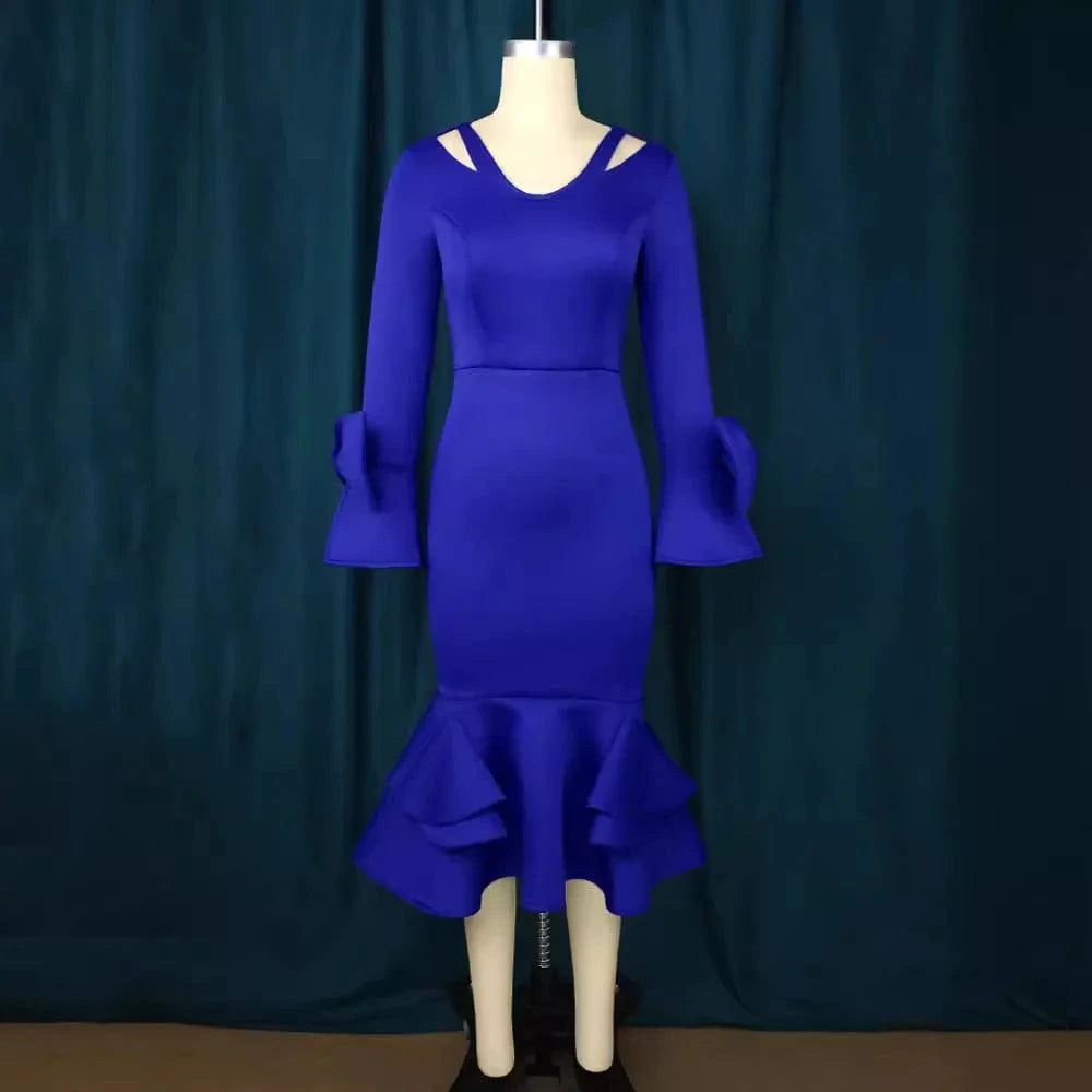 Luxury Dresses for Women V Neck Flare Sleeve Sheath White Blue High Quality Female Birthday Party Dinner Wear Mermaid Dress Robe