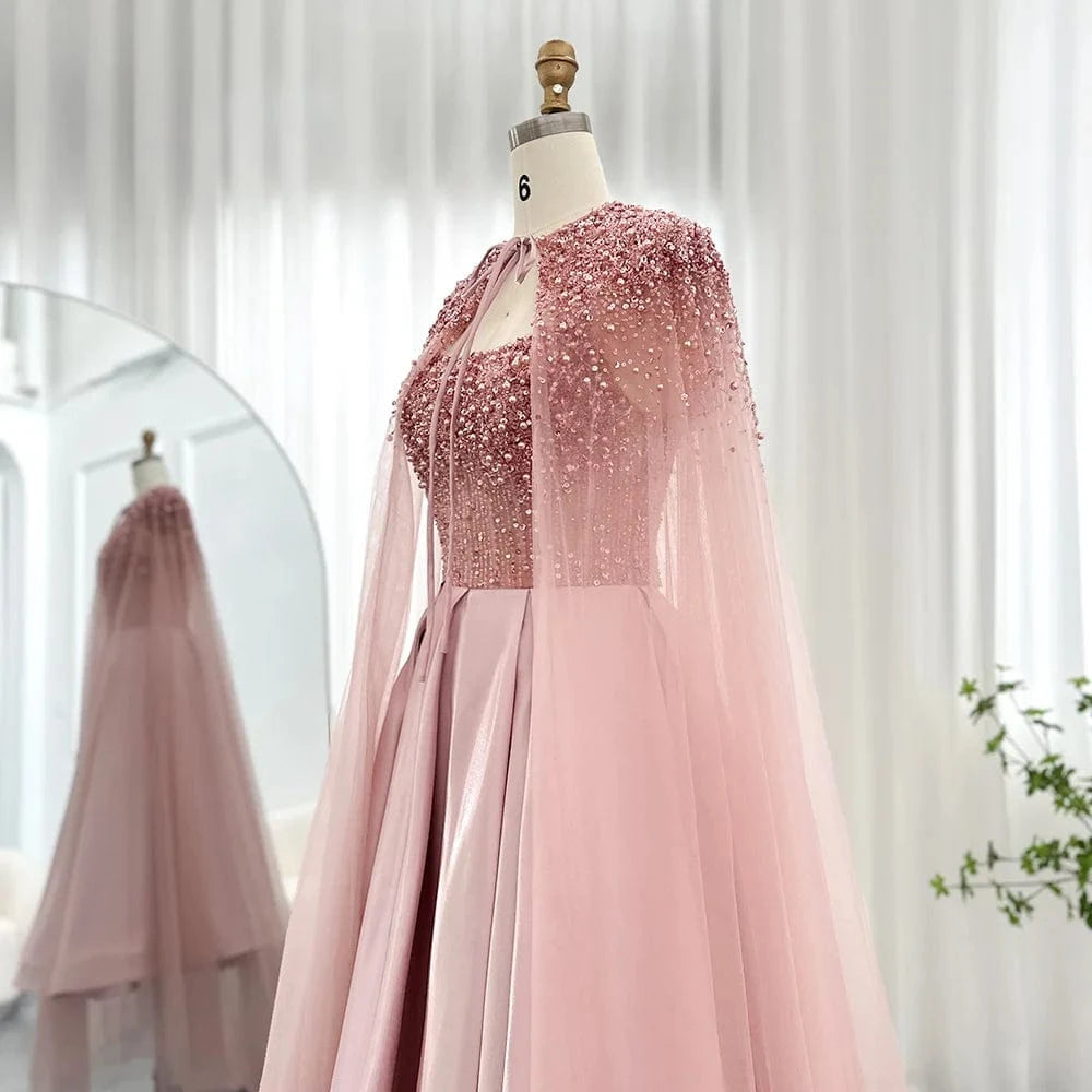 Luxury Dubai Blush Pink Arabic Evening Dress With Cape 2023 Ankle Length Short Midi Women Wedding Party Dress Scz138-2