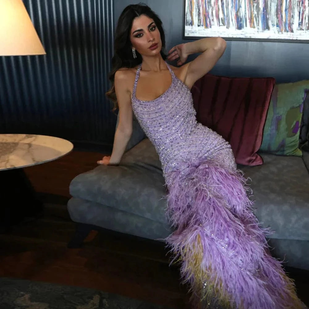 Luxury Dubai Feathers Lilac Evening Dresses 2023 Elegant Halter Mermaid Arabic Women Wedding Party Prom Gowns Scz208