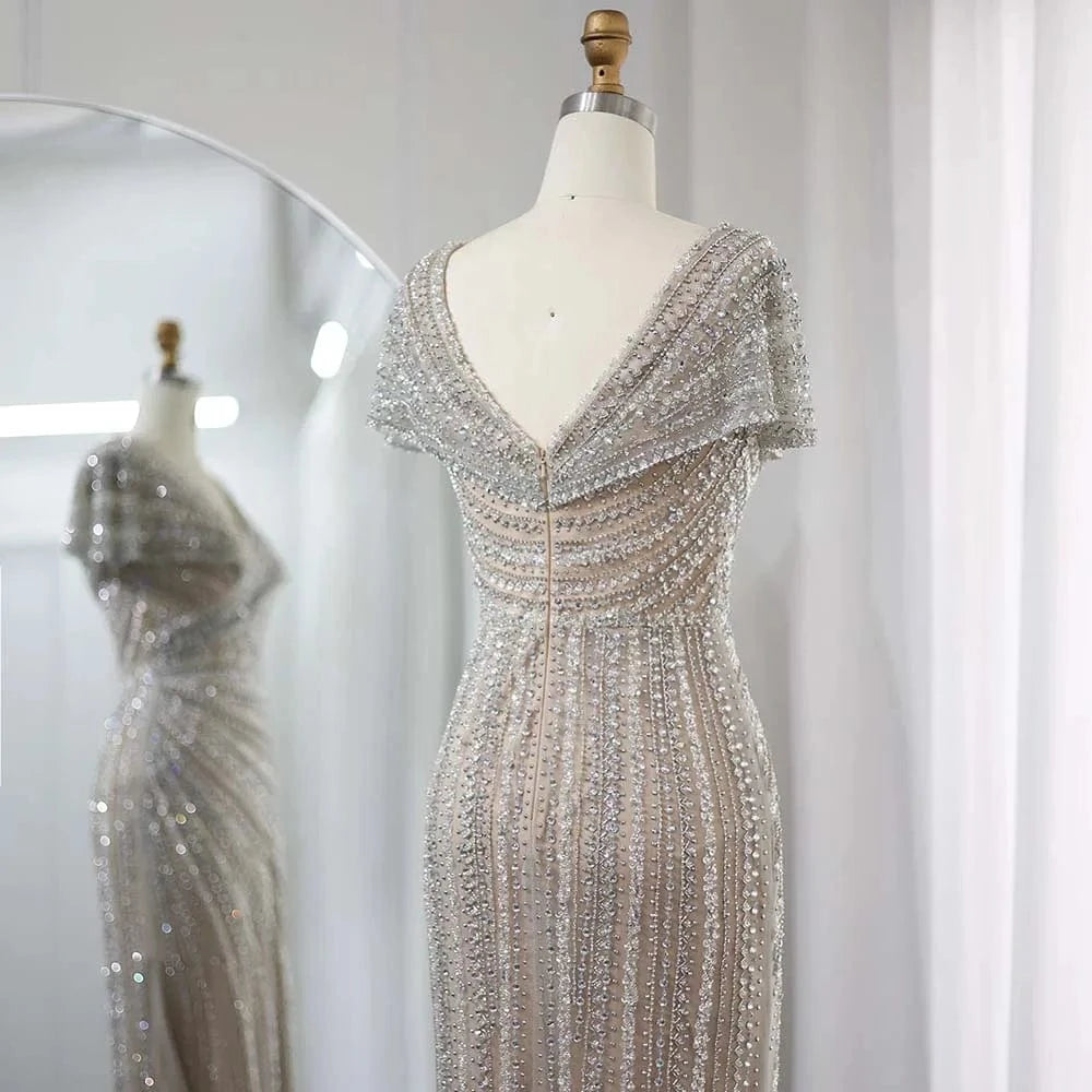 Luxury Dubai Silver Nude Mermaid Evening Dresses For Women Wedding Elegant Cap Sleeves Arab Formal Party Gowns Sz045