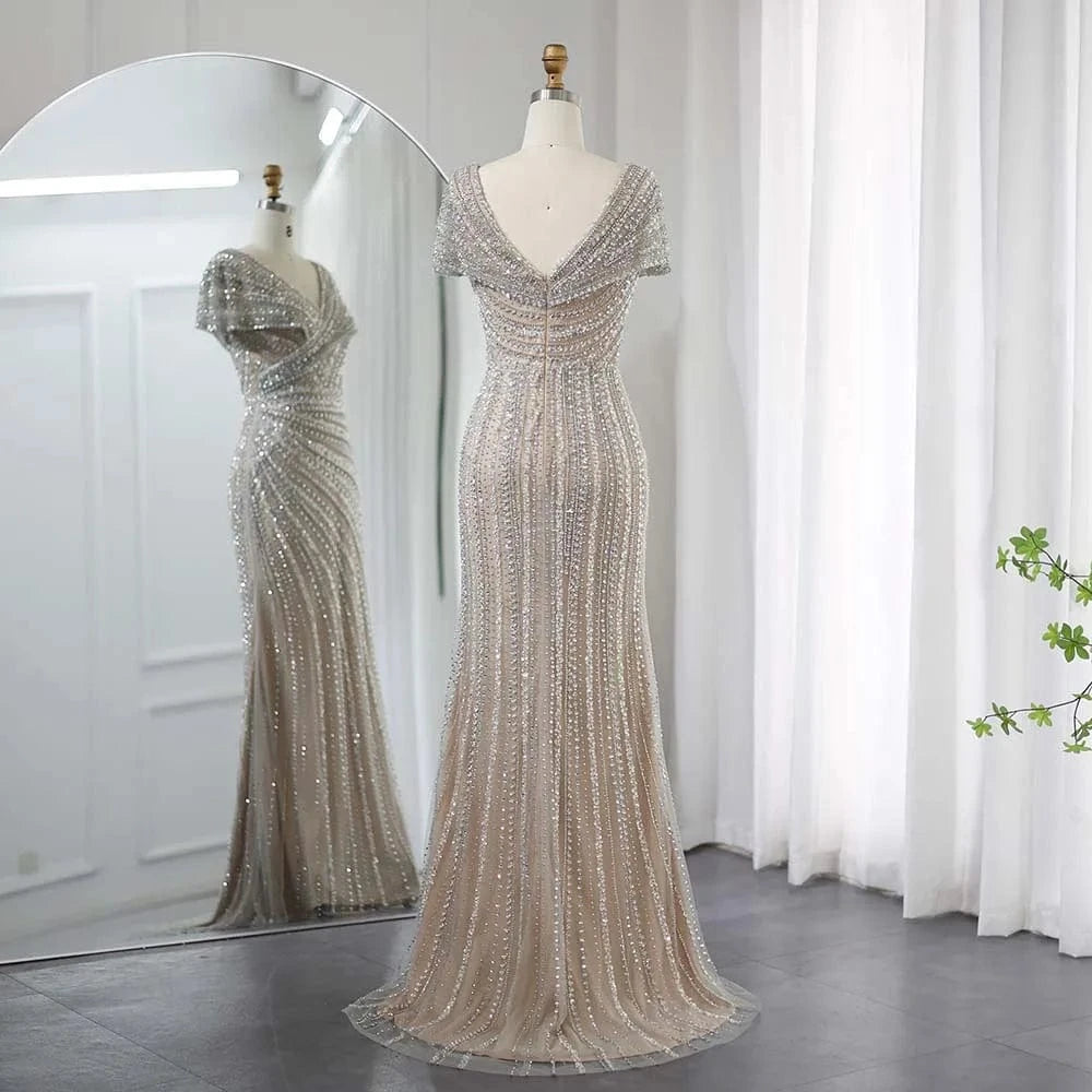 Luxury Dubai Silver Nude Mermaid Evening Dresses For Women Wedding Elegant Cap Sleeves Arab Formal Party Gowns Sz045