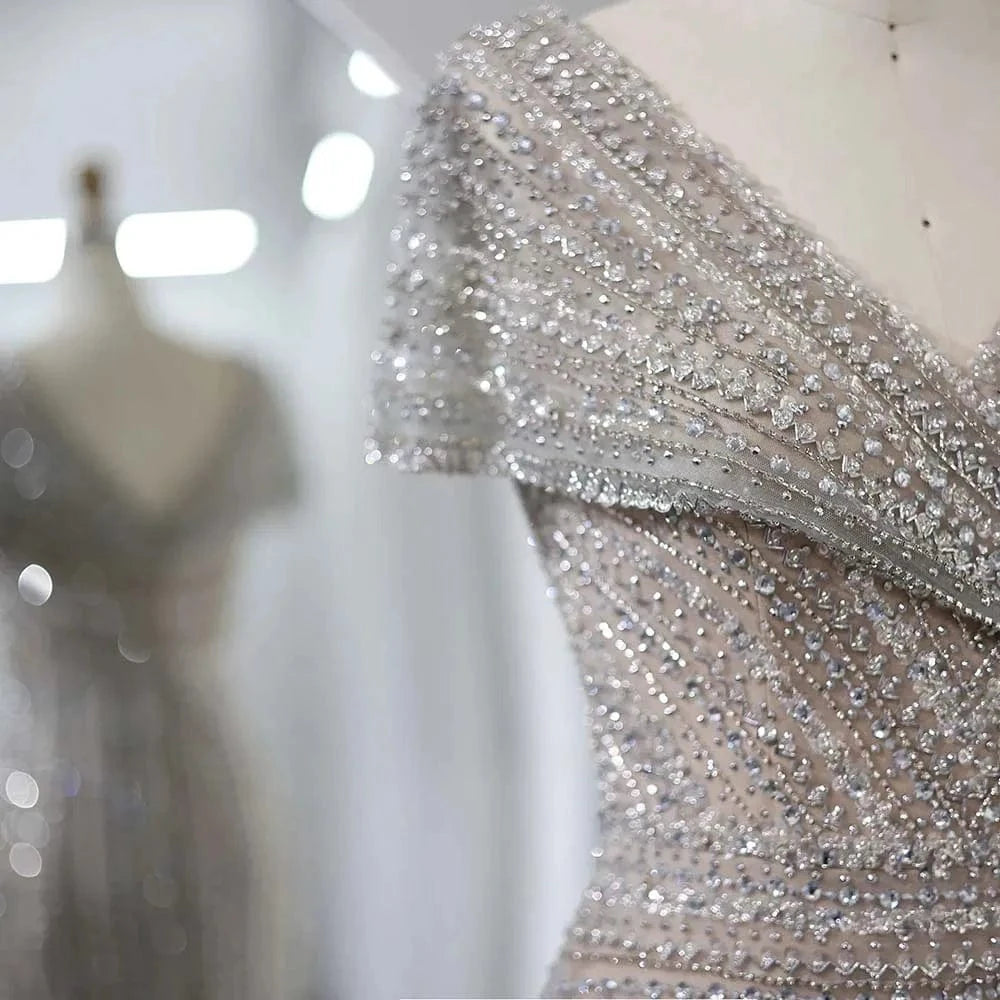 Luxury Dubai Silver Nude Mermaid Evening Dresses For Women Wedding Elegant Cap Sleeves Arab Formal Party Gowns Sz045