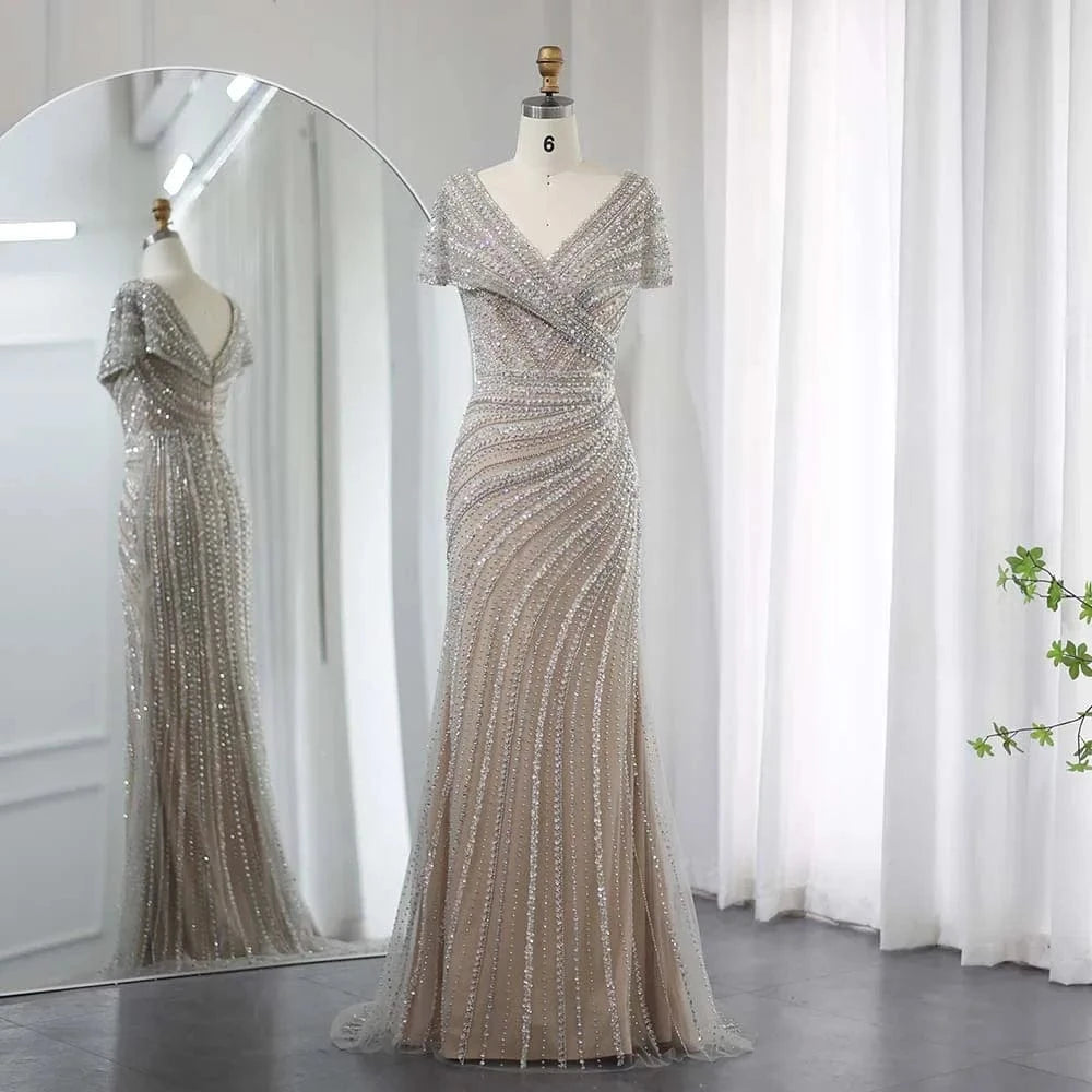 Luxury Dubai Silver Nude Mermaid Evening Dresses For Women Wedding Elegant Cap Sleeves Arab Formal Party Gowns Sz045