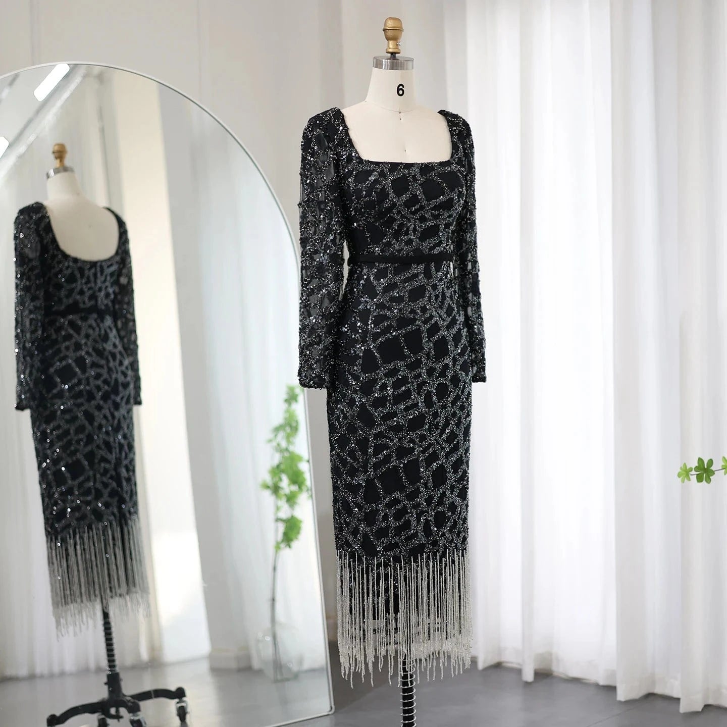 Luxury Dubai Tassel Hot Pink Evening Dresses For Women Elegant Long Sleeves Fuchsia Arabic Wedding Party Gowns Sz347