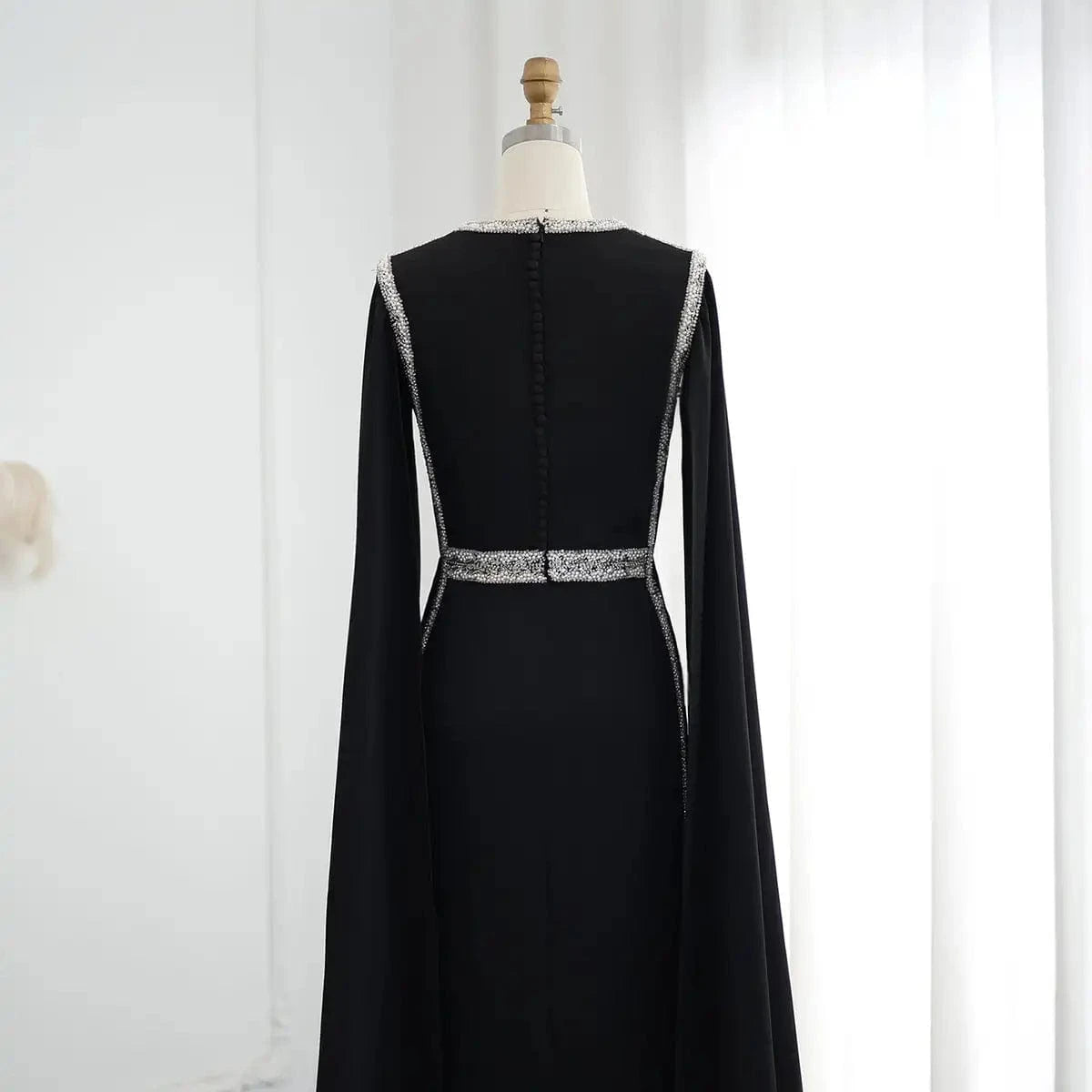 Luxury Embroidered Beaded Black Evening Dress With Cape Sleeves Dubai Women Wedding Party Gowns LSZ487