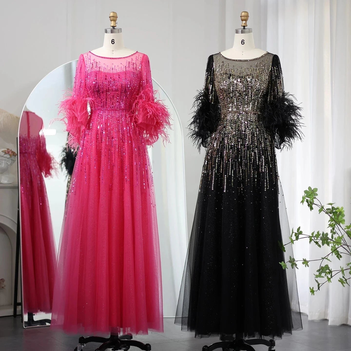 Luxury Feathers Black Dubai Evening Dresses For Women Elegant Fuchsia Arabic Half Sleeve Wedding Party Dress Sz339