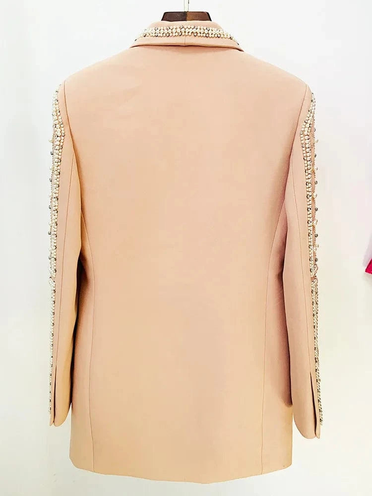 Luxury Fine Workmanship Beads Rhinestone Lady Newly Fashion Shawl Collar Long Sleeve Office Fitted Midi Length Blazer