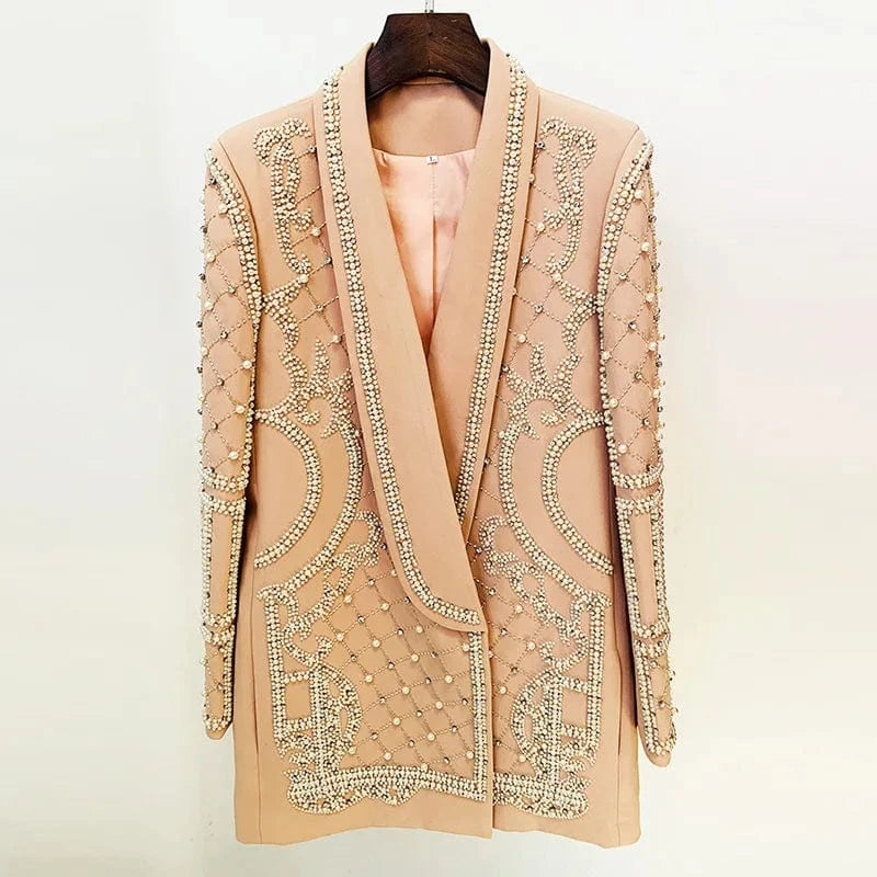 Luxury Fine Workmanship Beads Rhinestone Lady Newly Fashion Shawl Collar Long Sleeve Office Fitted Midi Length Blazer