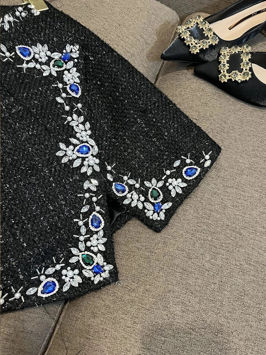 Luxury Fine Workmanship Lady Cloth Shining Rhinestone Irregular Hem Women High Waisted Tweed Mini Skirt