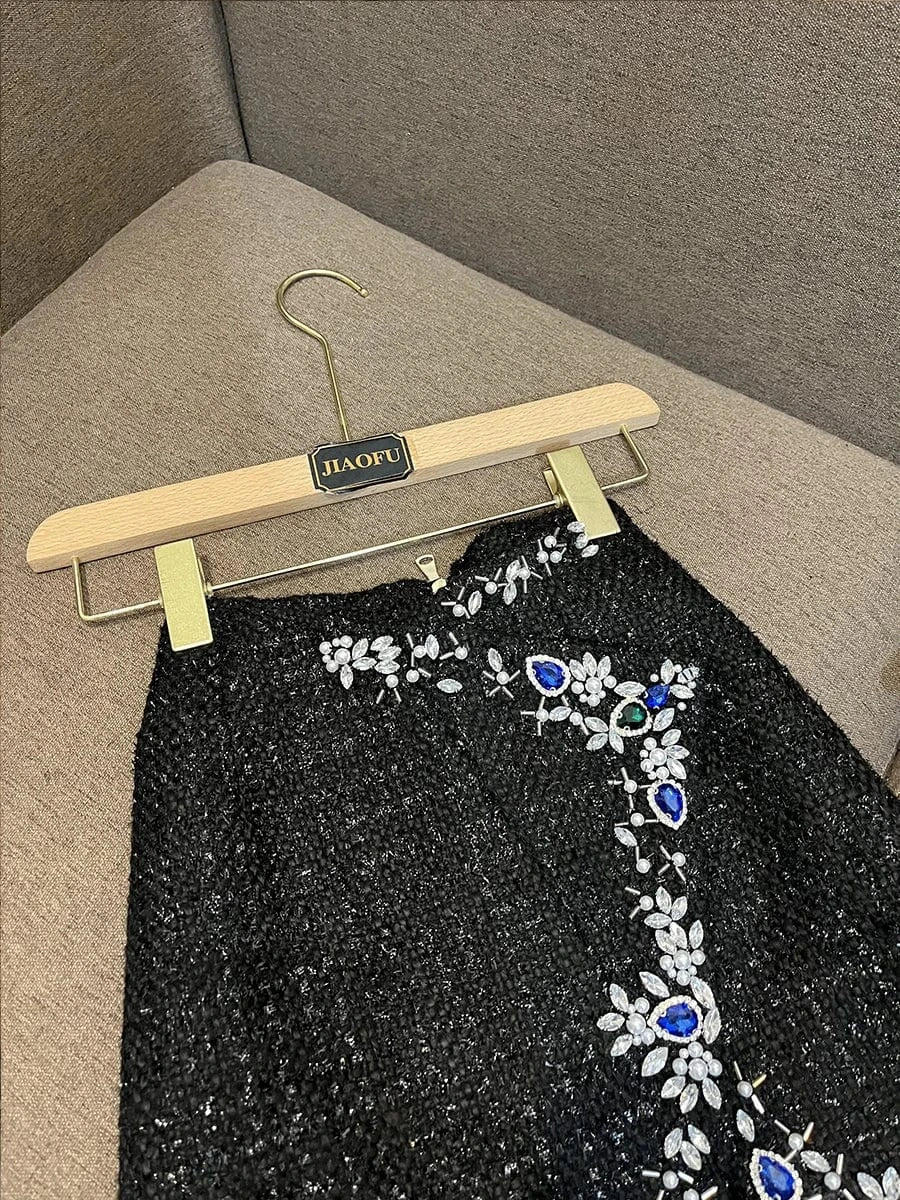 Luxury Fine Workmanship Lady Cloth Shining Rhinestone Irregular Hem Women High Waisted Tweed Mini Skirt