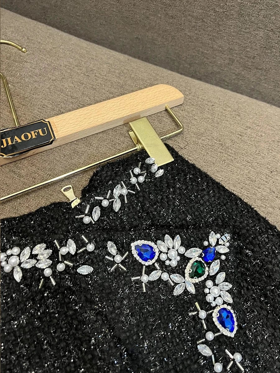 Luxury Fine Workmanship Lady Cloth Shining Rhinestone Irregular Hem Women High Waisted Tweed Mini Skirt