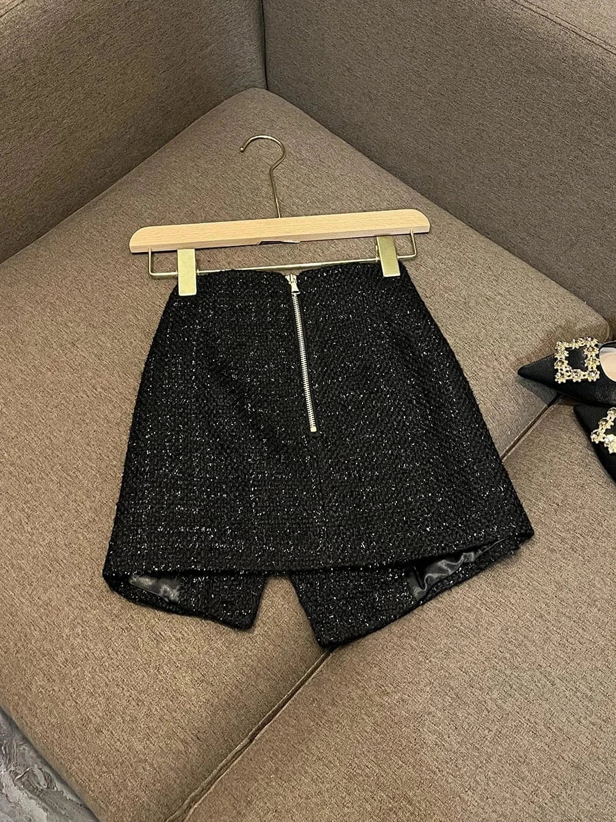 Luxury Fine Workmanship Lady Cloth Shining Rhinestone Irregular Hem Women High Waisted Tweed Mini Skirt