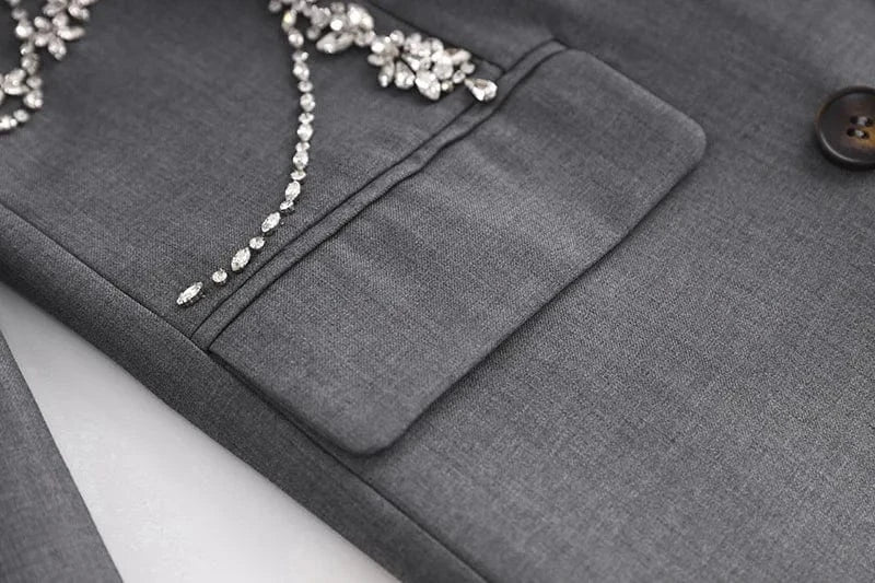 Luxury Fine Workmanship Rhinestone Beading Double-breasted Long Sleeve Women Office Blazer Short Mini Notched Dress