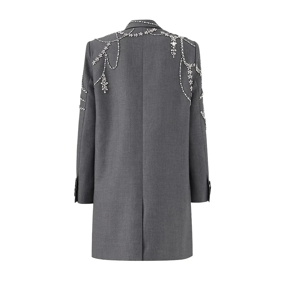 Luxury Fine Workmanship Rhinestone Beading Double-breasted Long Sleeve Women Office Blazer Short Mini Notched Dress