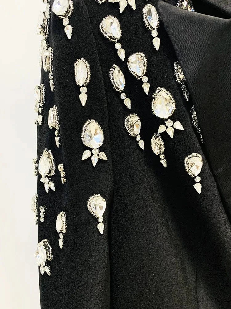 Luxury Fine Workmanship Rhinestone Beading Shoulder Double-breasted Long Sleeve Women Office Blazer Short Mini Notched Dress