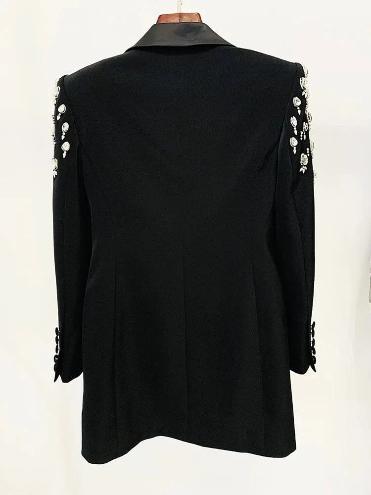Luxury Fine Workmanship Rhinestone Beading Shoulder Double-breasted Long Sleeve Women Office Blazer Short Mini Notched Dress