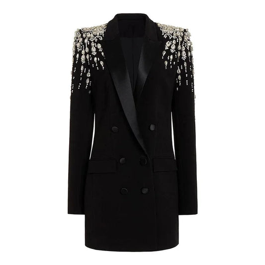 Luxury Fine Workmanship Rhinestone Beading Shoulder Double-breasted Long Sleeve Women Office Blazer Short Mini Notched Dress