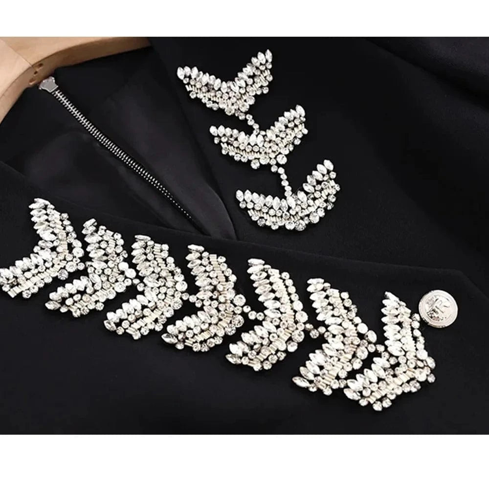 Luxury Fine Workmanship Rhinestone Beading V-neckline Long Sleeve Women Office Blazer Short Mini Slim Dress
