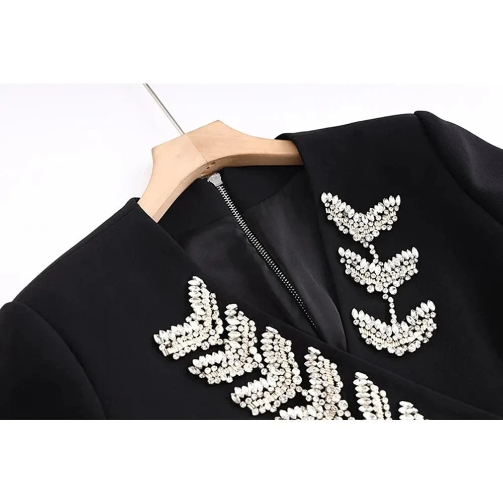 Luxury Fine Workmanship Rhinestone Beading V-neckline Long Sleeve Women Office Blazer Short Mini Slim Dress