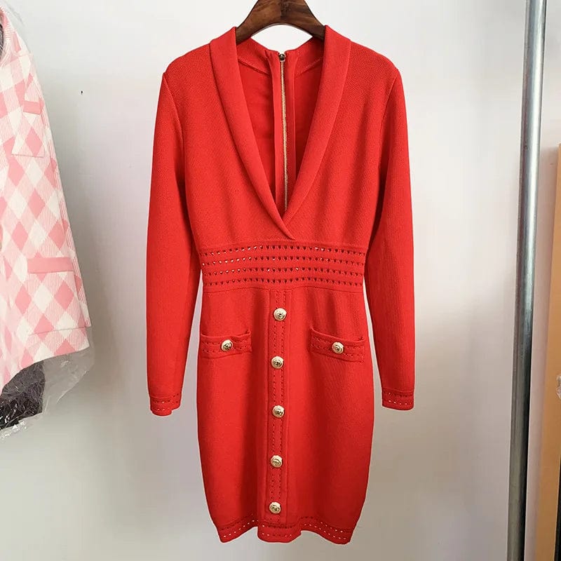 Luxury Fine Workmanship Rhinestone Beading V-neckline Long Sleeve Women Office Blazer Short Mini Slim Dress