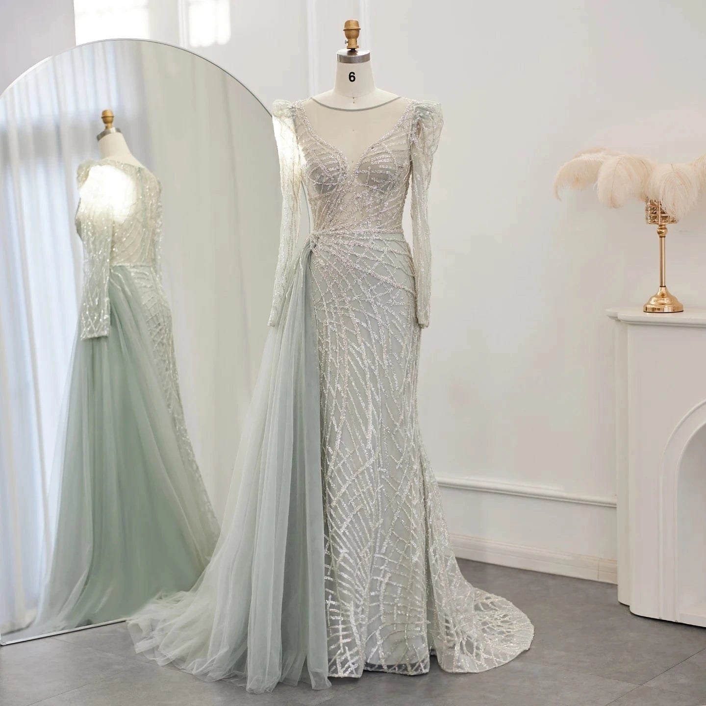 Luxury Muslim Gold Mermaid Beaded Dubai Evening Dresses With Overskirt 2024 Plus Size Women Wedding Party Gown Sz048