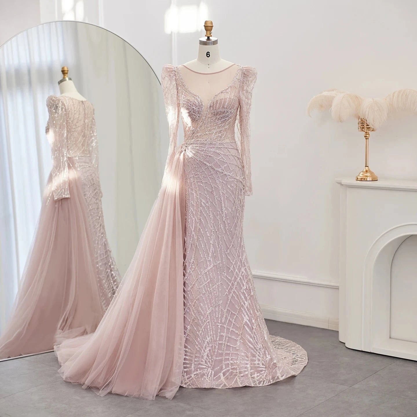 Luxury Muslim Gold Mermaid Beaded Dubai Evening Dresses With Overskirt 2024 Plus Size Women Wedding Party Gown Sz048