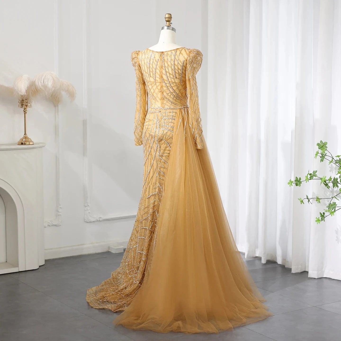 Luxury Muslim Gold Mermaid Beaded Dubai Evening Dresses With Overskirt 2024 Plus Size Women Wedding Party Gown Sz048
