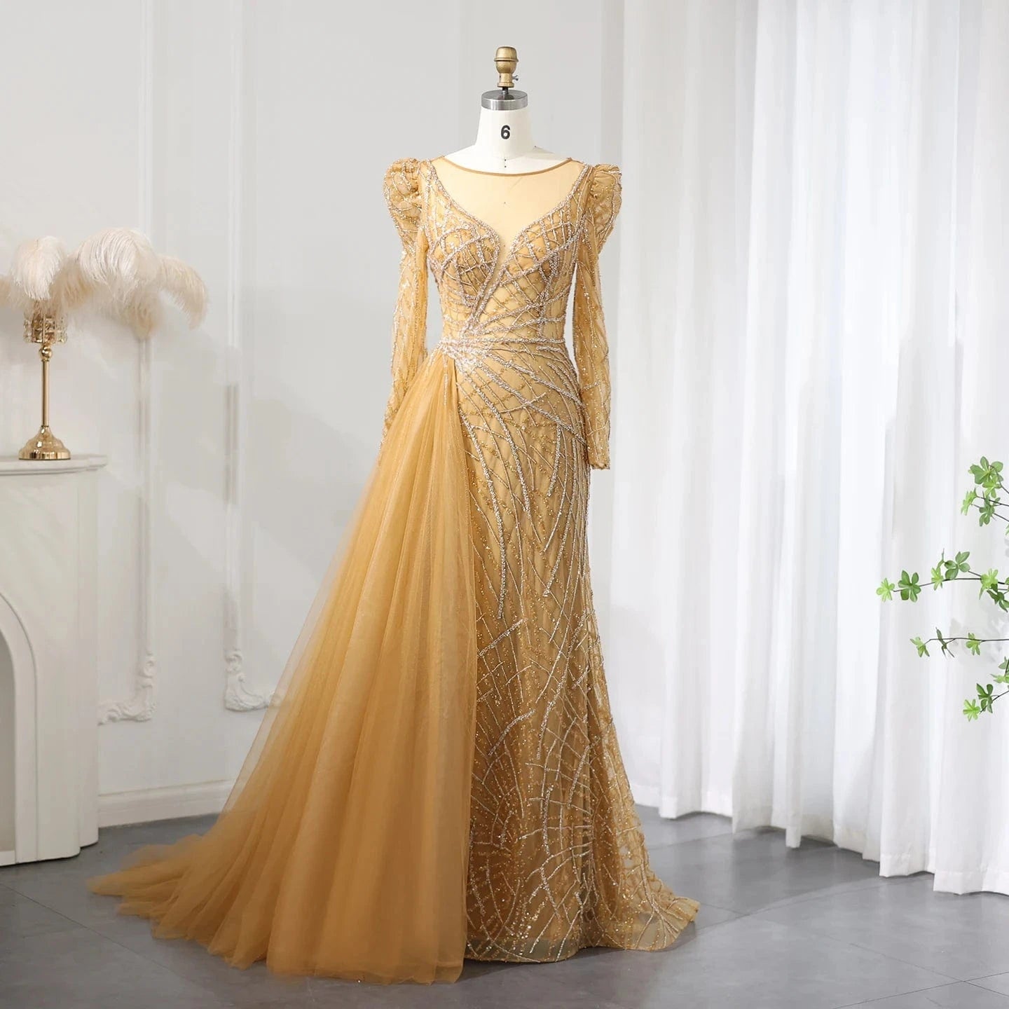 Luxury Muslim Gold Mermaid Beaded Dubai Evening Dresses With Overskirt 2024 Plus Size Women Wedding Party Gown Sz048