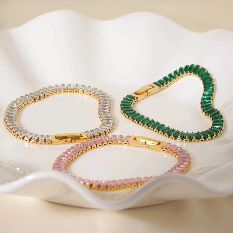 Luxury Non Tarnish & Waterproof Shiny Baguette Tennis 18K Gold Plated Statement Zirconia Stainless Steel crystal Jewelry