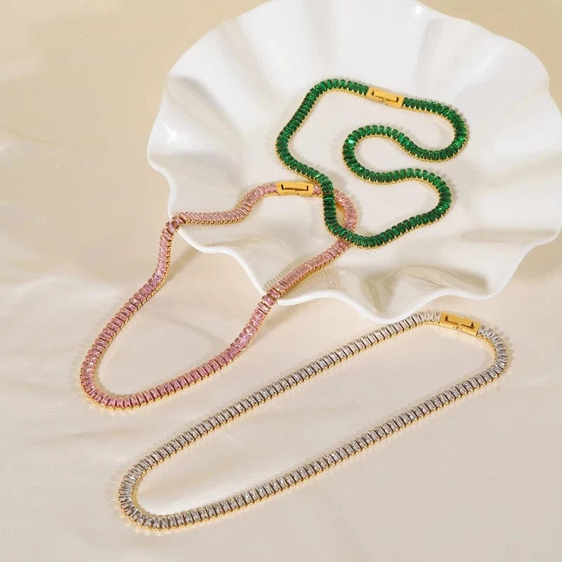 Luxury Non Tarnish & Waterproof Shiny Baguette Tennis 18K Gold Plated Statement Zirconia Stainless Steel crystal Jewelry