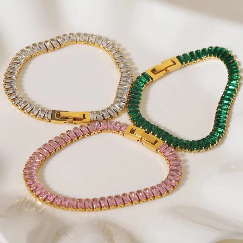 Luxury Non Tarnish & Waterproof Shiny Baguette Tennis 18K Gold Plated Statement Zirconia Stainless Steel crystal Jewelry