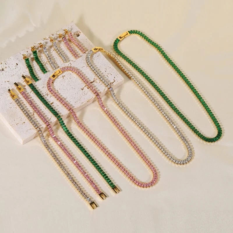 Luxury Non Tarnish & Waterproof Shiny Baguette Tennis 18K Gold Plated Statement Zirconia Stainless Steel crystal Jewelry