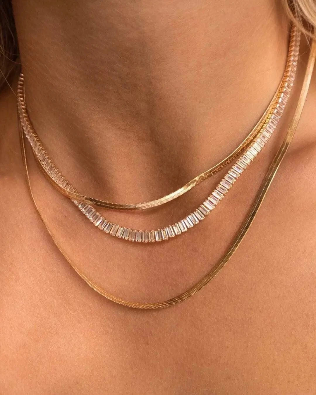 Luxury Non Tarnish & Waterproof Shiny Baguette Tennis 18K Gold Plated Statement Zirconia Stainless Steel crystal Jewelry