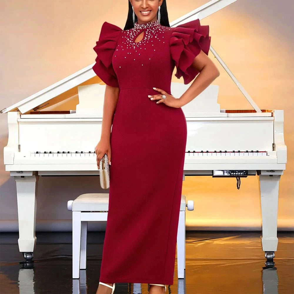 Luxury Party Dresses for Women O Neck Ruffles Sleeve Beaded Sheath Package Hips Ankle Length Elegant Birthday Dinner Vestidos