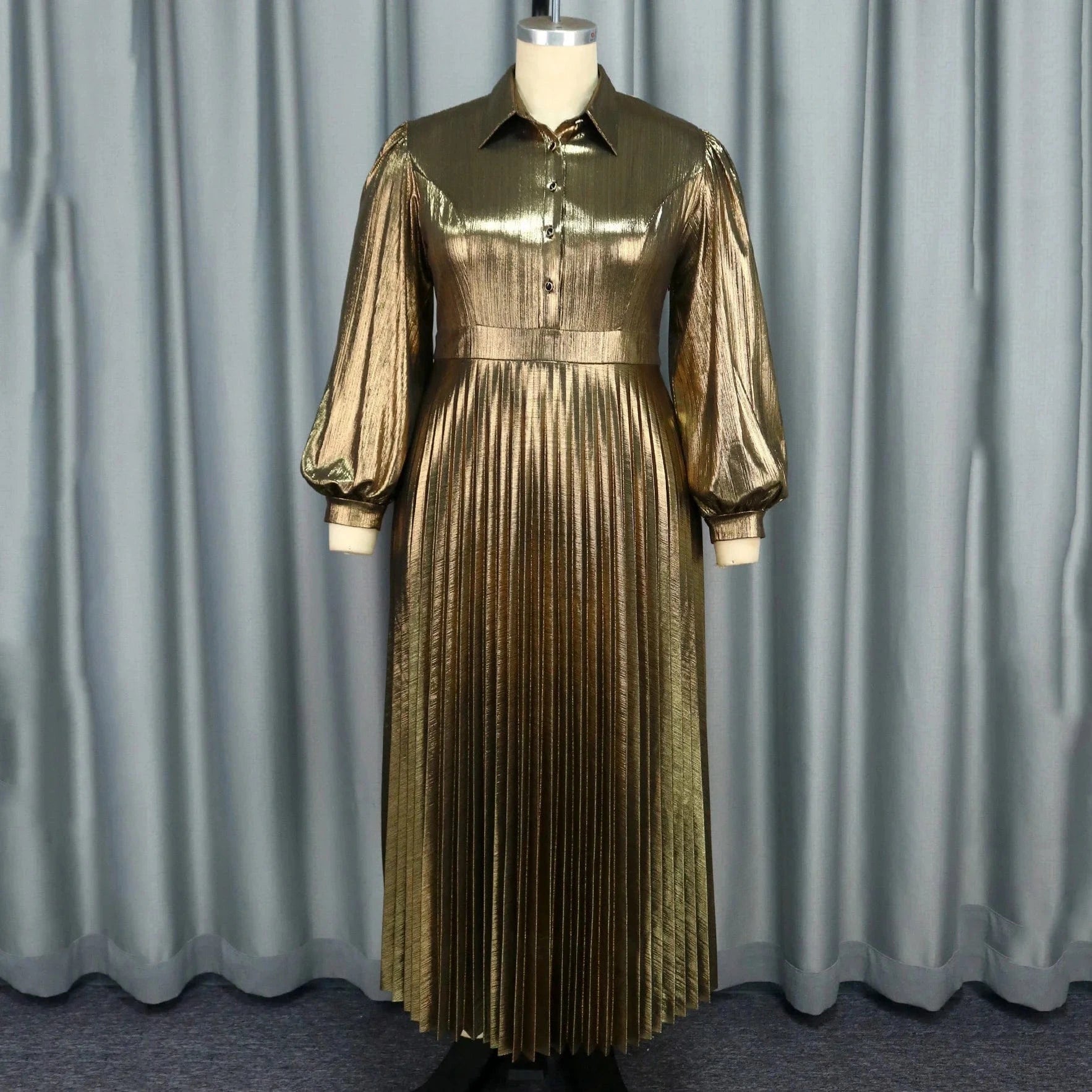 Luxury Pleated Dresses for Woman Turn Down Collar Full Sleeve Single Breatsed Ankle Length Elegant Birthday Party Dinner Dress