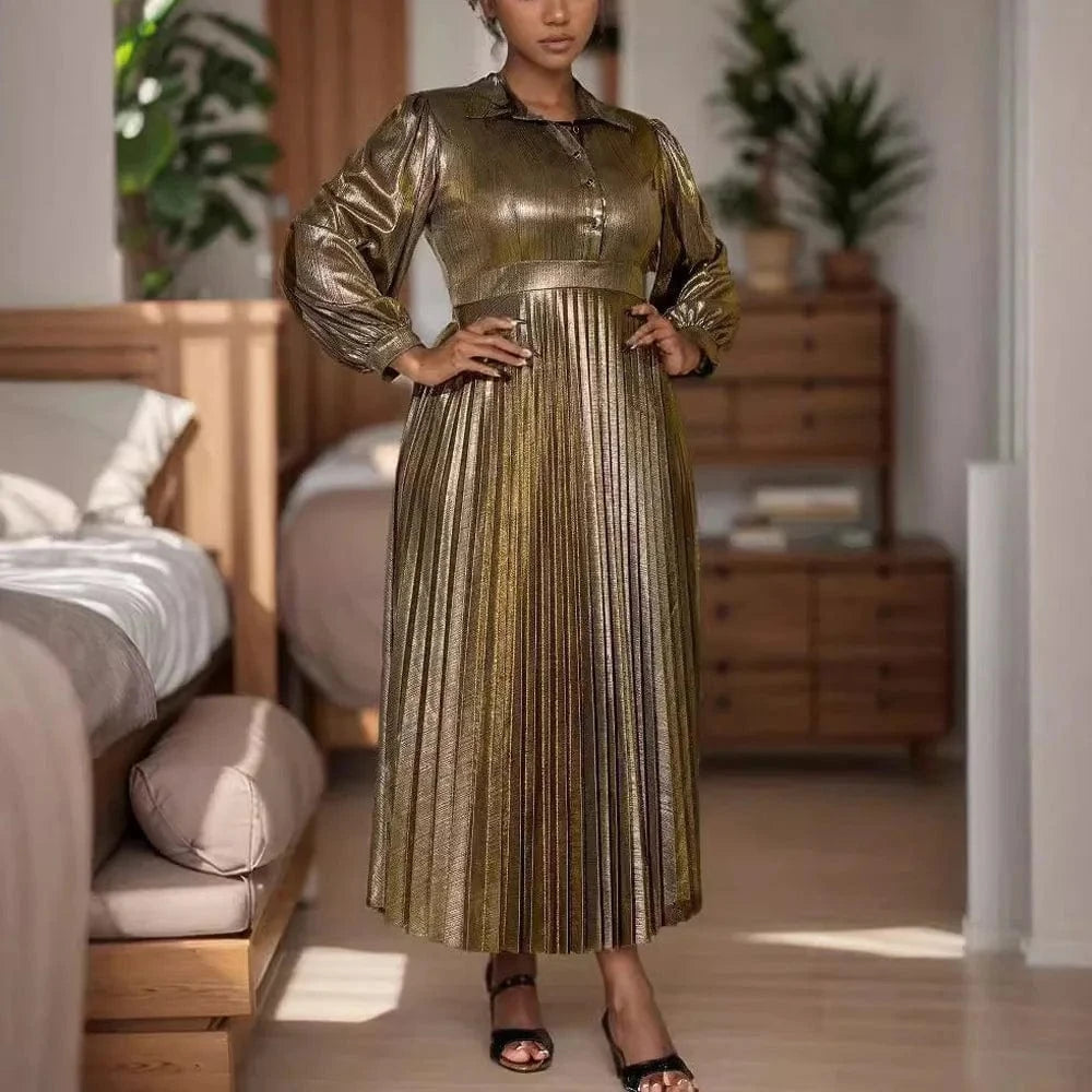 Luxury Pleated Dresses for Woman Turn Down Collar Full Sleeve Single Breatsed Ankle Length Elegant Birthday Party Dinner Dress