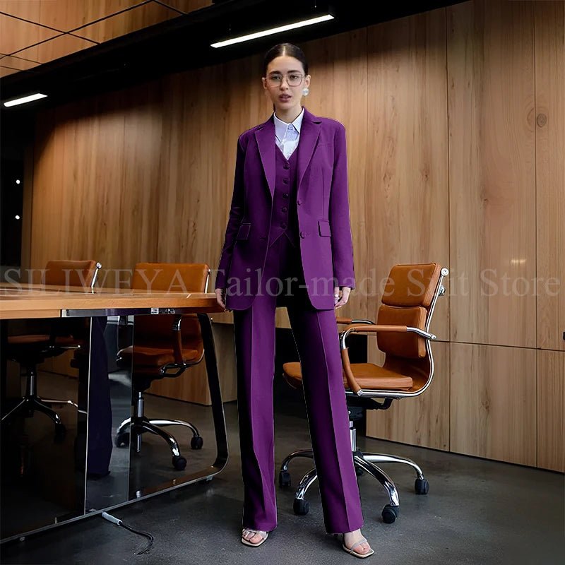 Luxury Purple Blue Women's Kit Suits 3 Piece Jacket Pants Vest Notch Lapel Female Clothing Slim Fit Smart Office Lady's Sets - SN Wigs & More