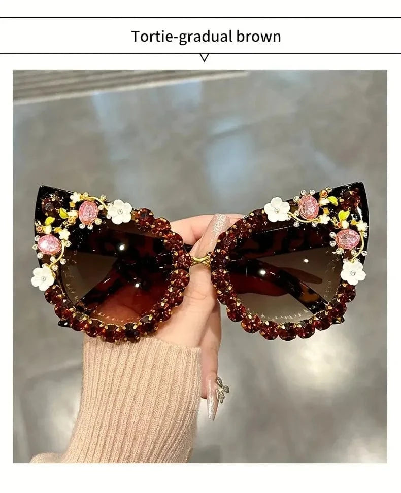 Luxury Rhinestone Flower Sunglasses Cat Eye Gradient Decorative Shades Props For Costume Party Prom