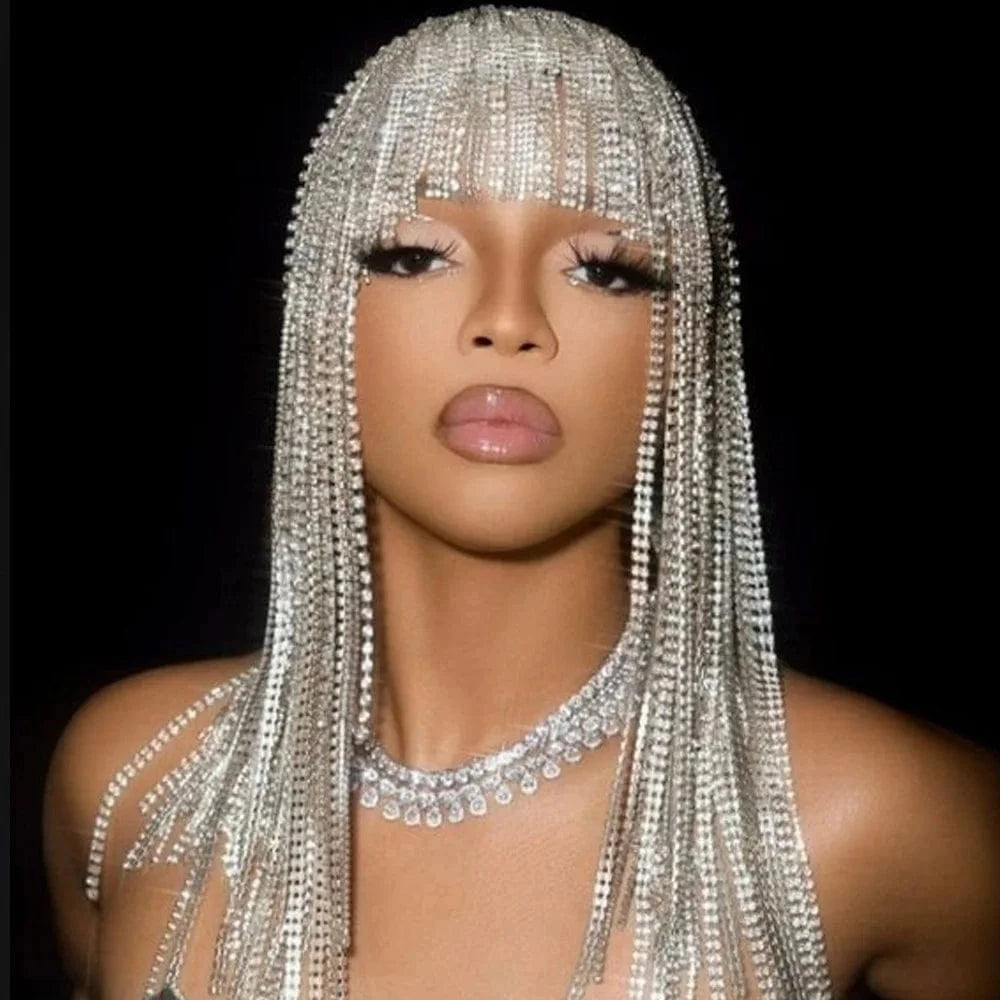 Luxury Rhinestone Long Tassel Headpiece Carnival Women Hollow Mesh Head Chain Hair Jewelry