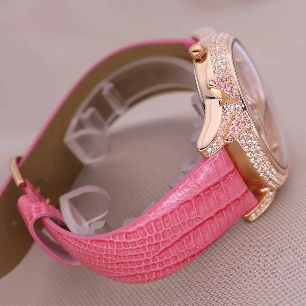 Luxury Unicorn Melissa Women's Watch Rhinestone Crystal Fashion Hour Real Leather Bracelet Clock Girl's Birthday Gift Box