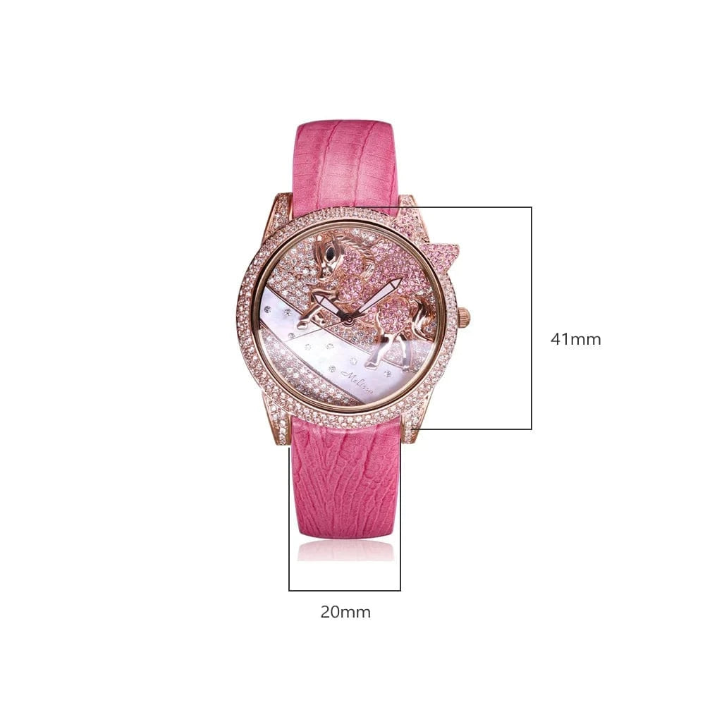 Luxury Unicorn Melissa Women's Watch Rhinestone Crystal Fashion Hour Real Leather Bracelet Clock Girl's Birthday Gift Box