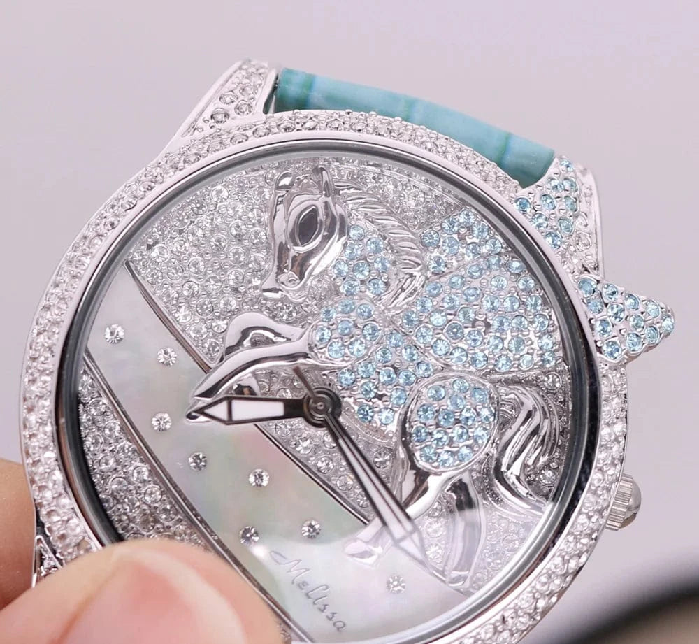Luxury Unicorn Melissa Women's Watch Rhinestone Crystal Fashion Hour Real Leather Bracelet Clock Girl's Birthday Gift Box