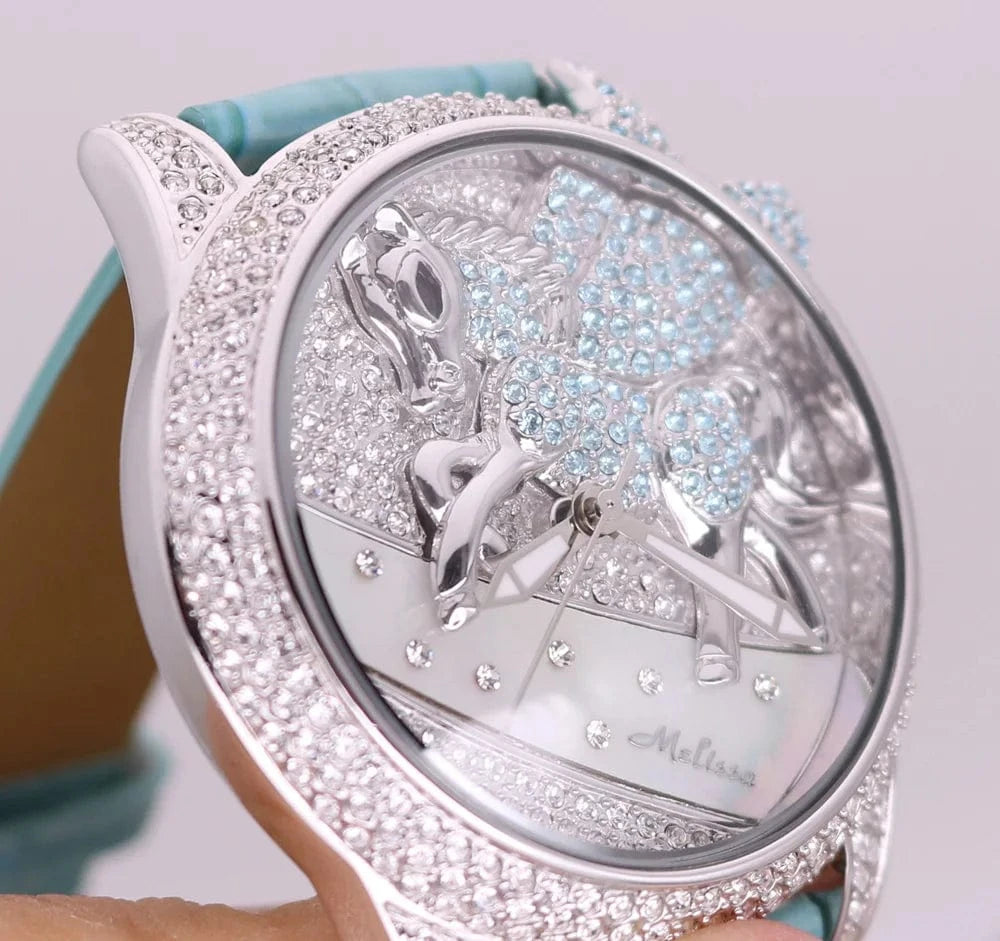 Luxury Unicorn Melissa Women's Watch Rhinestone Crystal Fashion Hour Real Leather Bracelet Clock Girl's Birthday Gift Box