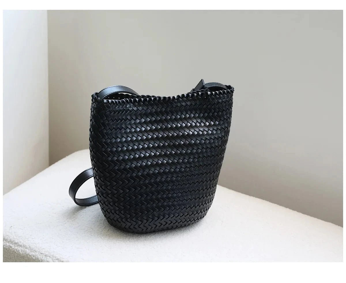 Luxury Vintage PU Leather Braided Bucket Bag for Women New High-End Hand-Woven Single-Shoulder Crossbody Bag Foldable Durable