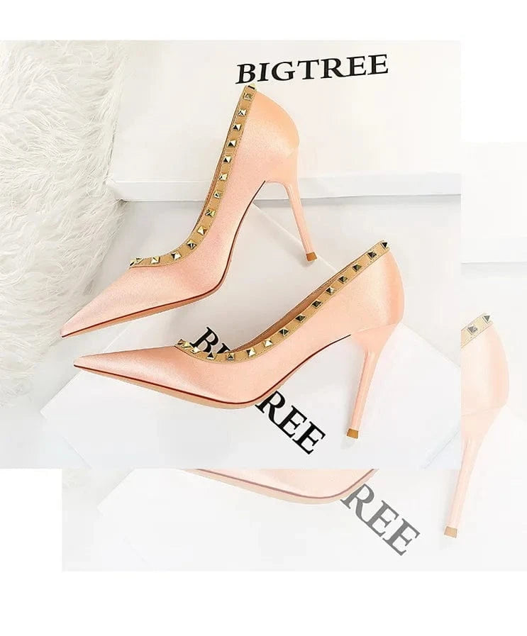 Luxury Women Green 9.5cm High Heels Rivets Pumps Stiletto Silk Heels Female Escarpins Plus Size Wedding Bridal Prom Shoes