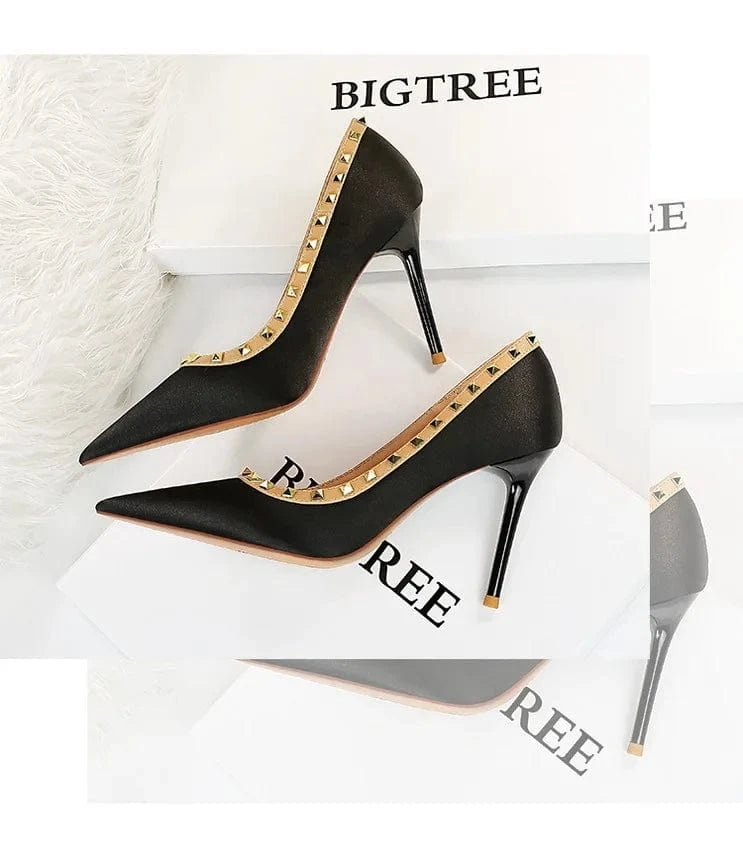 Luxury Women Green 9.5cm High Heels Rivets Pumps Stiletto Silk Heels Female Escarpins Plus Size Wedding Bridal Prom Shoes