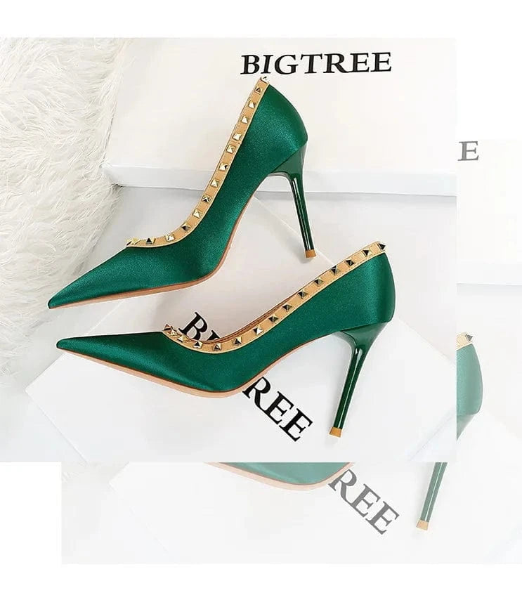 Luxury Women Green 9.5cm High Heels Rivets Pumps Stiletto Silk Heels Female Escarpins Plus Size Wedding Bridal Prom Shoes